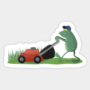 Funny green frog mowing lawn cartoon Sticker